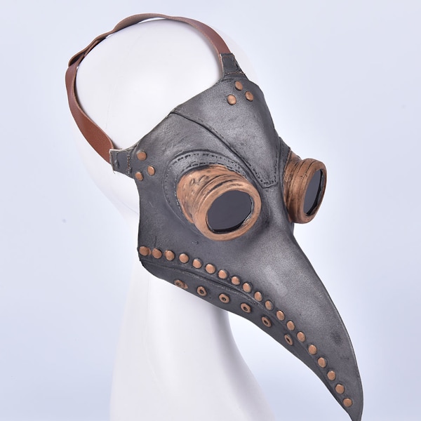 Halloween Maske Kostume Fugl Lang Næb Beak PU Læder Steampunk Gray