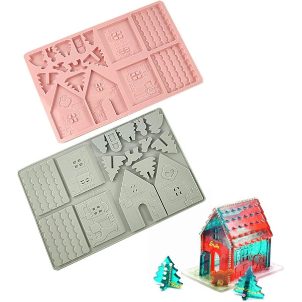 3D Julehusformer sett med 2, Pepperkakehusformer, Slottsstøping DIY Resin Former for juledekorasjon