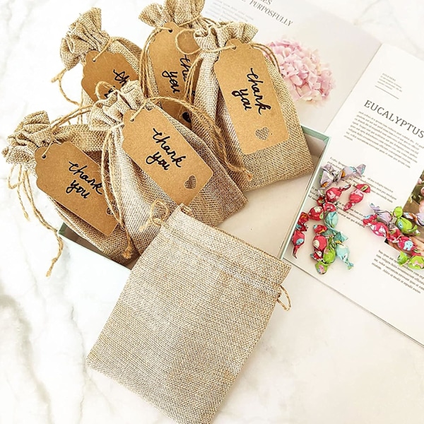 50 stk små hessianposer med snor 10x15cm Juteposer Burlap Gaveposer Hessian Snorposer