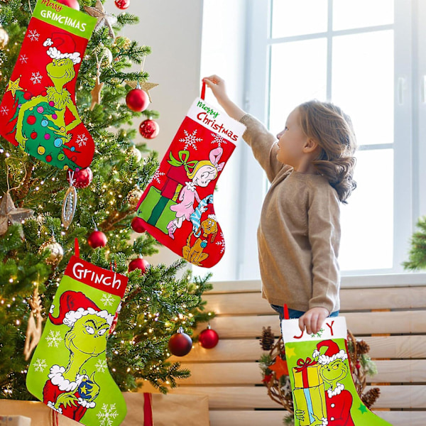 4-pack julstrumpor, 45 cm stora Grinchs julstrumpor, dekorationer för familjesemesterfest