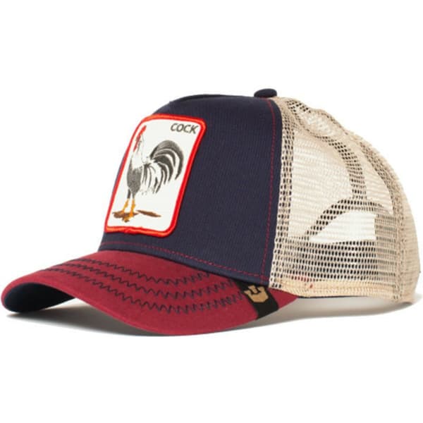 Mesh Trucker Hat with Embroidered Animal Design Rooster Navy Red