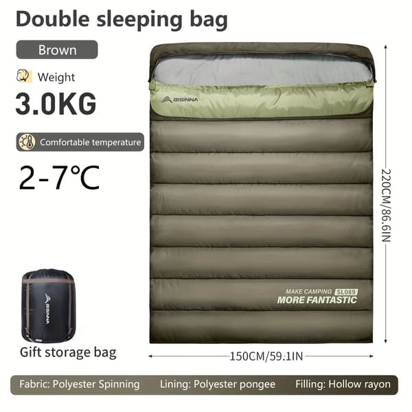 Dobbel sovepose for camping, fotturer, reise, 2 personer, rektangulær 3KG Brown