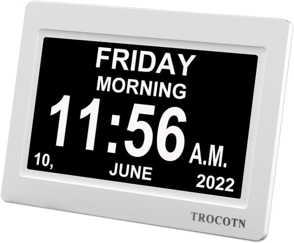 Digital klocka med datum och vecka, kalender med veckodagsvisning (7 tum vit) White