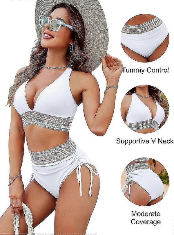 2026 Women's High Waisted Tummy Control Color Block Drawstring Two Piece Swimsuit - Bra White White XL