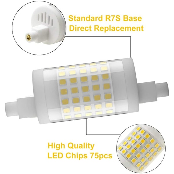 2-pakke 78mm R7S LED-lampe, 10W dimbar J78, 100W T3 halogen erstatning, varm hvit 3000K