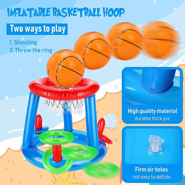 Uppblåsbar set, poolinteraktiv kastringleksak, flytande poolbasketkorg med bollar och ringar