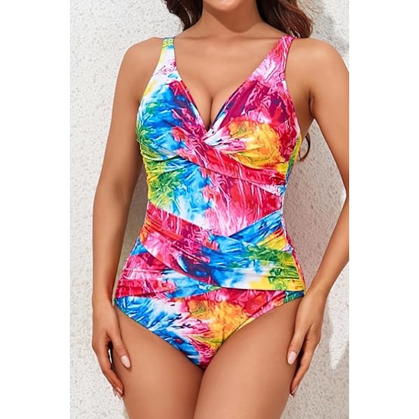 Vatsaa litistävä uimapuku naisille, hoikentava yksiosainen uimapuku, retro-rypytys, push-up, vintage-pehmusteinen värjätty L L Color Tie Dye