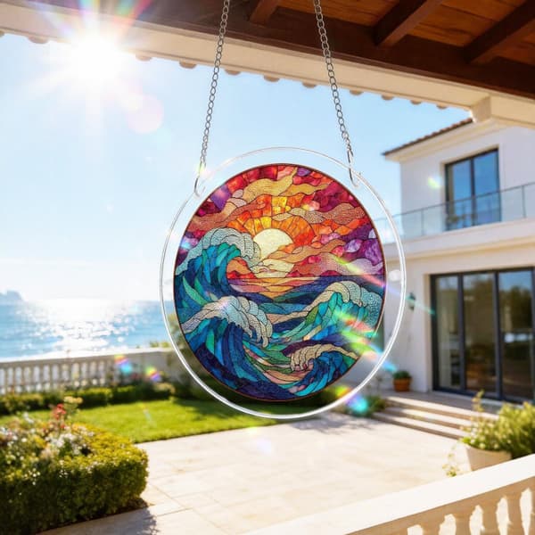 Fargerik glassmaleri rund solfanger akryl puslespill vindusdekor for hjem og hage Style 2