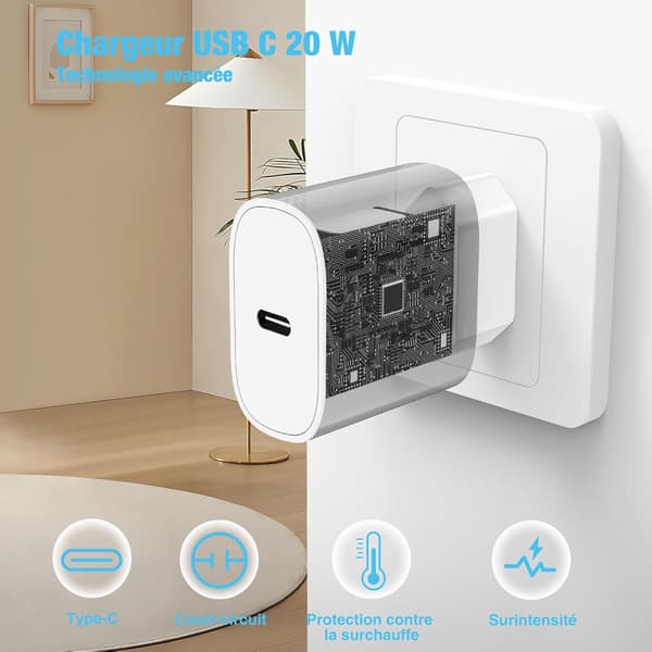 Rask USB-C-lader for iPhone 17/16/15, USB-C hurtigladeadapter med 2m USB-C-kabel, kompatibel med iPhone 17/16/15 Pro, Pro Max