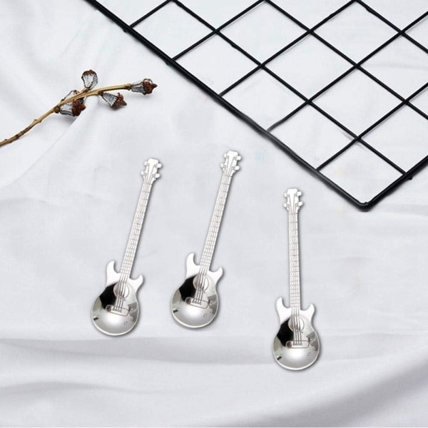 Gitar kaffeskje, sett med 4 teskjeer sukker skjeer (sølv)