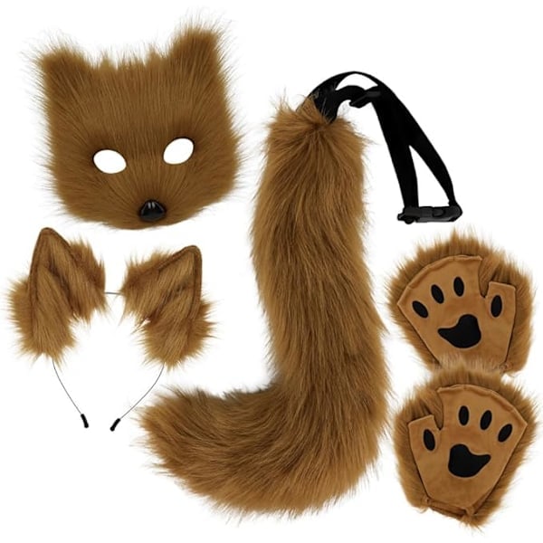 Pehmoinen naamio kettuhännällä ja korvilla, kissanhäntä kettupuku cosplay-asu kissankorvilla ja tassukäsineillä halloween cosplay ruskea Korkealaatuinen (Pääsiäinen) brown