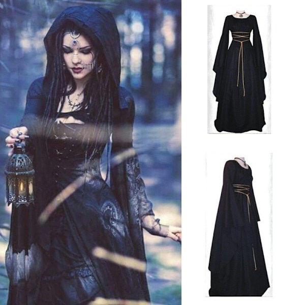 Damekjole Middelalder Victorian Halloween Kjole Sort Black M
