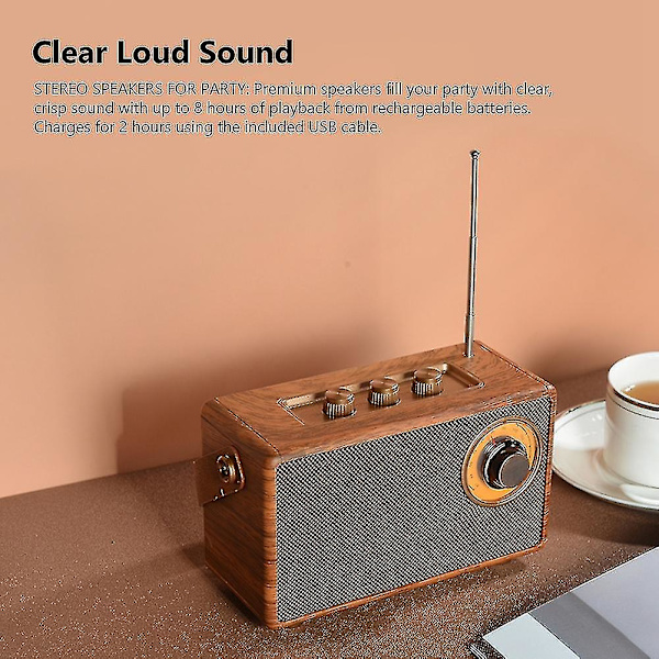Retro FM Radio, Kannettava Puinen Bluetooth Radio, Bassokaiutin, Handsfree MP3-soitin, Tukee USB/TF-korttia autossa