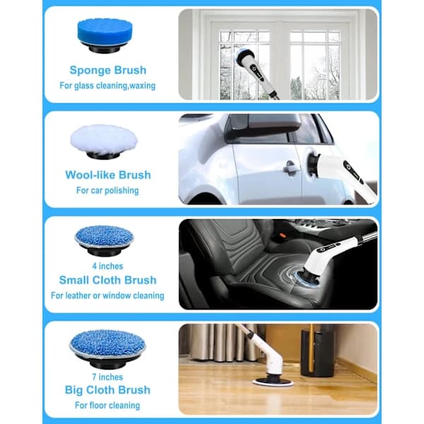 QU-Electric Rotary Cleaning Brush with 8 Replaceable Brush Heads, with Adjustable Handle for Bathroom, Kitchen, and Car