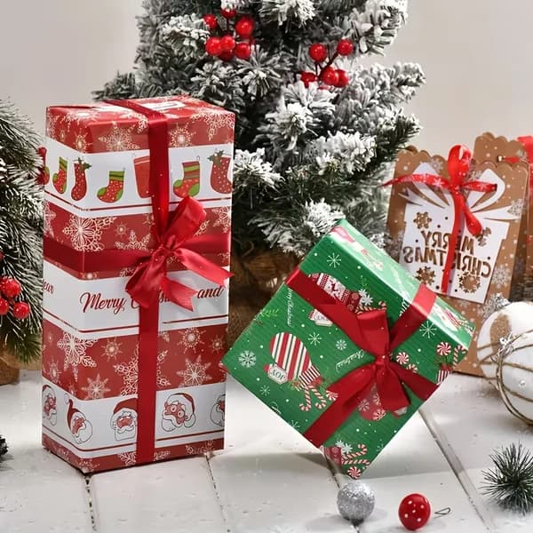 Julklappspapper Set med Jultomte-, Julgrans- och Renmönster för Julklappar Mixed