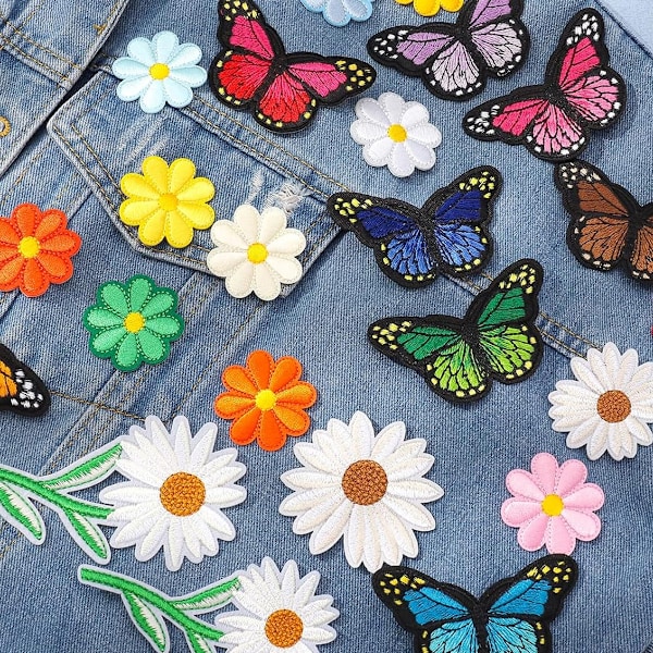 22-pak stryge-på-mærker, blomster og sommerfugle, DIY sy-mærker til jakker, jeans, tasker, håndværk