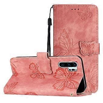 Compatible with Huawei P30 Pro Embossed Butterfly Case with Wallet and Stand - Pink Pink