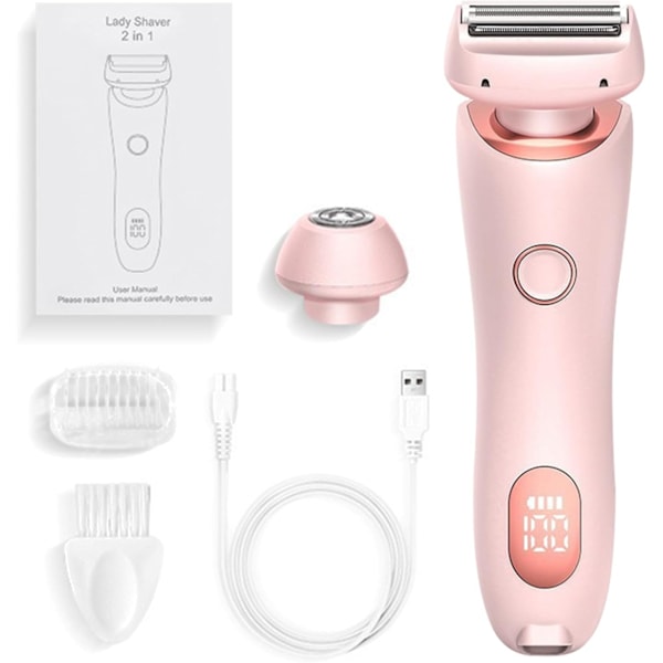 Elektrisk barbermaskin for kvinner, smertefri barbering, 2-i-1 smertefri hårfjerner og barberhøvel, vanntett for våt og tørr bruk, ansikt, bikini, armhuler