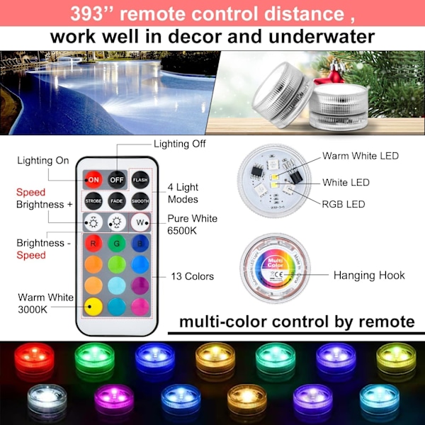 10 kpl Mini LED-upotusvalot, Mini LED-akvaariovalot, Vedenpitävät vedenalaiset valot RGB Monivärinen LED-valo 2 kaukosäätimellä