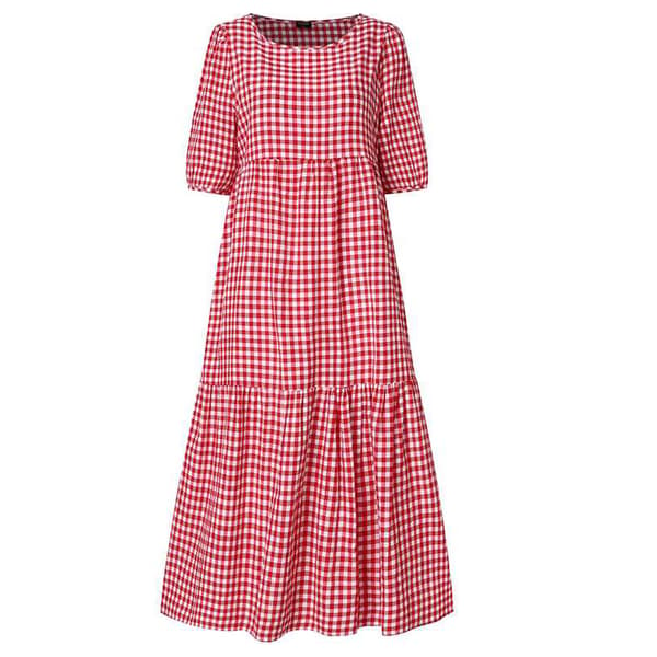 Dam sommarpläd Puffig kortärmad midiklänning_yu Red,S
