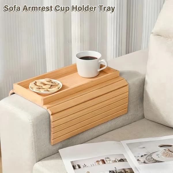 Sammenleggbart armbrett for sofa med koppholder og sklisikker pute, plast, ingen montering Natural