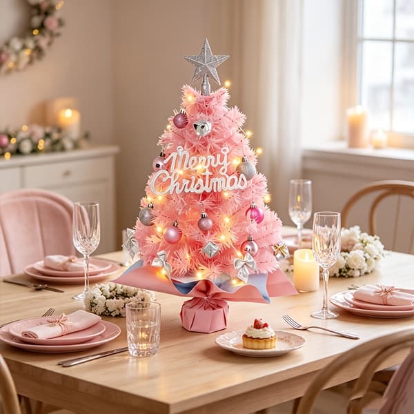 Kunstigt Mini Juletræ med LED-lys og Topstjerne til Skrivebords Julepynt Pink Tree + LED