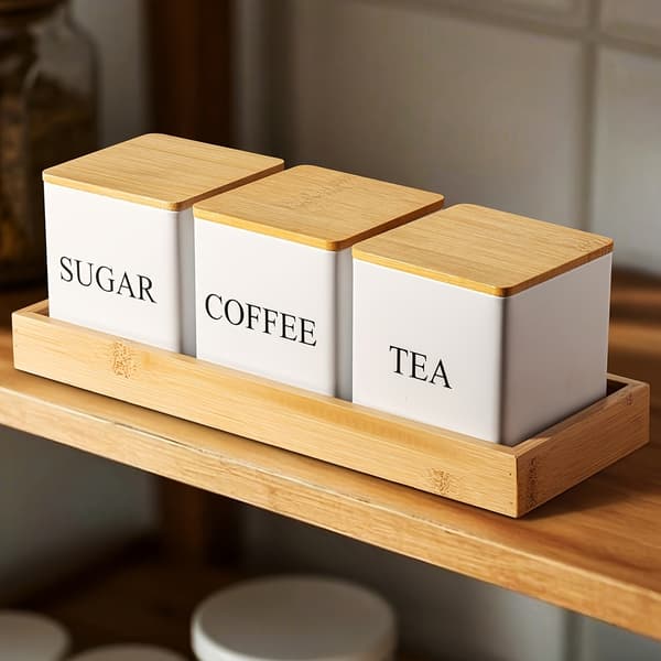 Metallförvaringsburksset för kaffebönor, socker och te, köksorganisation 3pcs/set, White