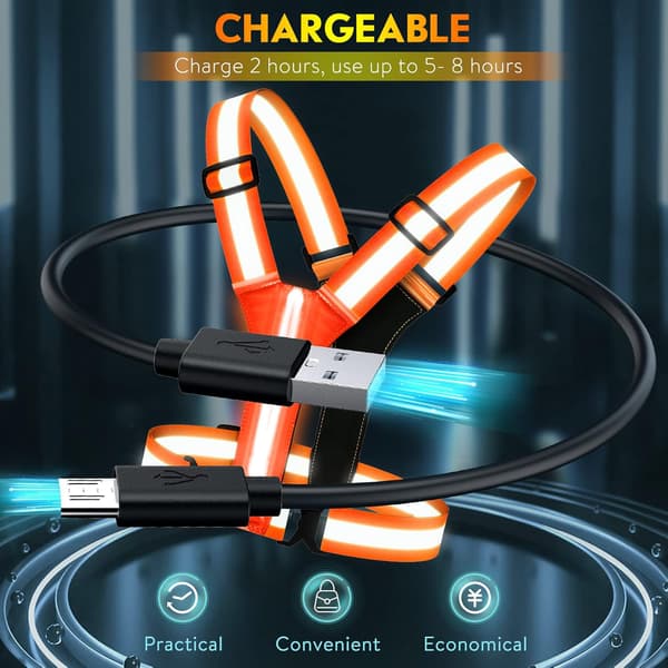 LED Reflective Vest, USB Rechargeable, Adjustable Waist/Shoulder - Orange