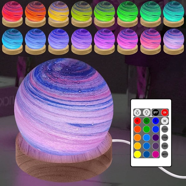 3D LED Planet Lampe, Dæmpbar Natlampe med RGB Farver, Træbase til Soveværelsesdekoration (8cm) Sort Svart Svart