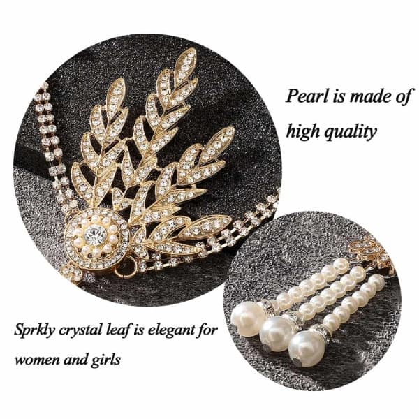 CQBB 1920-talls Flapper Pannebånd Blad Rhinestone Hodeplagg Perle Hodeplagg Great Gatsby Hårpynt for Kvinner og Jenter (Gull)_max