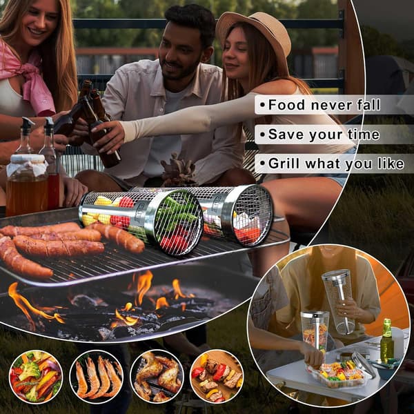 2 stk. Rullende Grillkurve - Bedste Grillkurv Nogensinde, Rund Grillnet i Rustfrit Stål-FA-