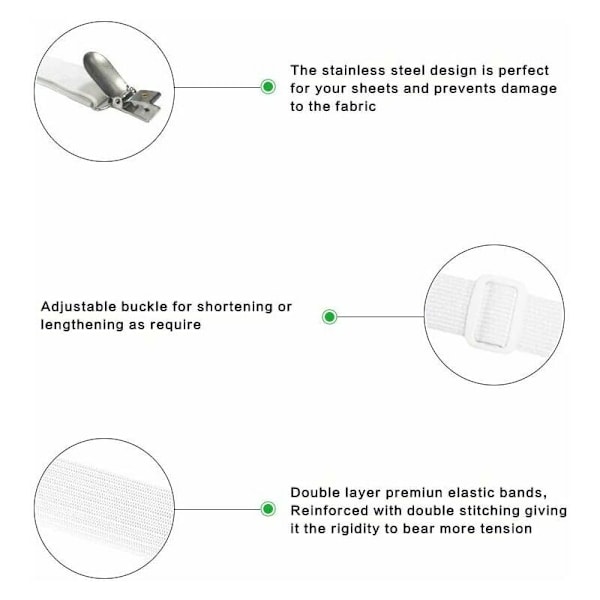 Sæt med 4 sengetilbehør justerbar lagenstrammer elastisk rem fastgørelse, til lagner, sofa, strygebrætbetræk - 30 cm til 120 cm, hvid