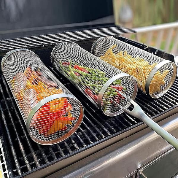 3-pakke grillkurver i rustfritt stål for utendørs BBQ og camping