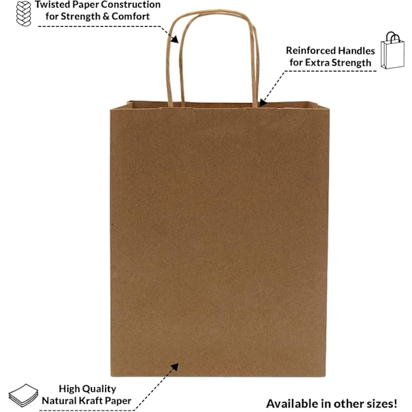 Brune papirposer med håndtak – 20x10x25 cm 50 stk. Papirposer