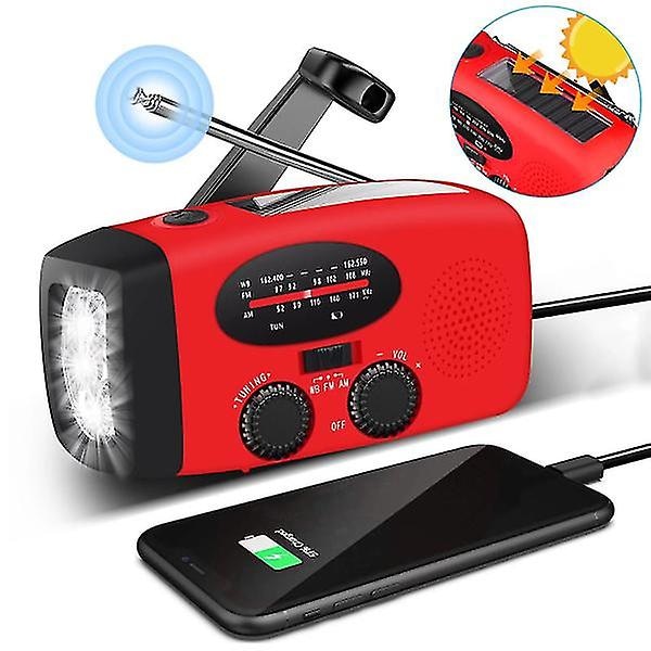 Nödradio, bärbar vev- och solcellsradio med AM/FM, 2000 mAh powerbank, SOS-siren, LED-ficklampa (röd)