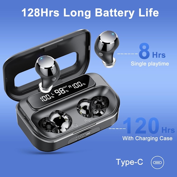 Trådlösa Bluetooth-hörlurar med LED-display, 128 timmars batteritid, kraftfull bas, in-ear-hörlurar