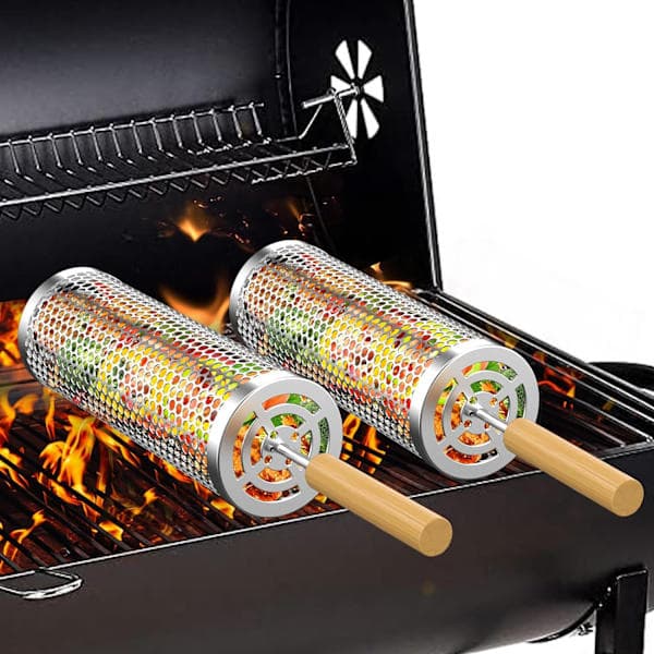 Rolling Grill Basket with Handle - 24x10 cm, Stackable BBQ Grill Basket for Vegetables, Outdoor Cooking
