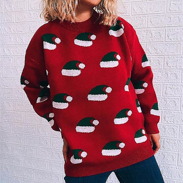 Damtröja, Pullover, Jumper, Ribbad Stickad, Patchwork, Färgblock, Rundhalsad, Snygg, Casual, Utomhus, Jul, Höst, Vinter, Storlek L