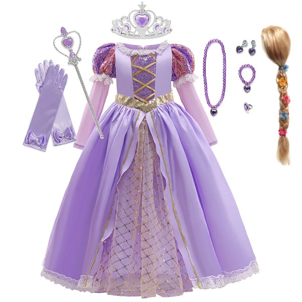 Tähkäpää-mekko tytöille, asumekko, fantasia, lastenjuhlat, prinsessa-asu, Halloween, violetit paljetit, verkkopuku Tähkäpää C Set04 Rapunzel C Set04 7-8T(Tag140)