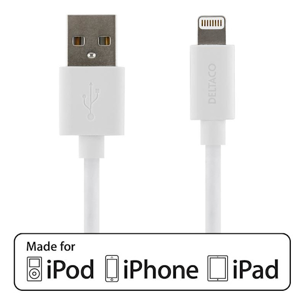 DELTACO USB-synk-/laddarkabel MFi USB Typ A-Lightning 50cm Vit