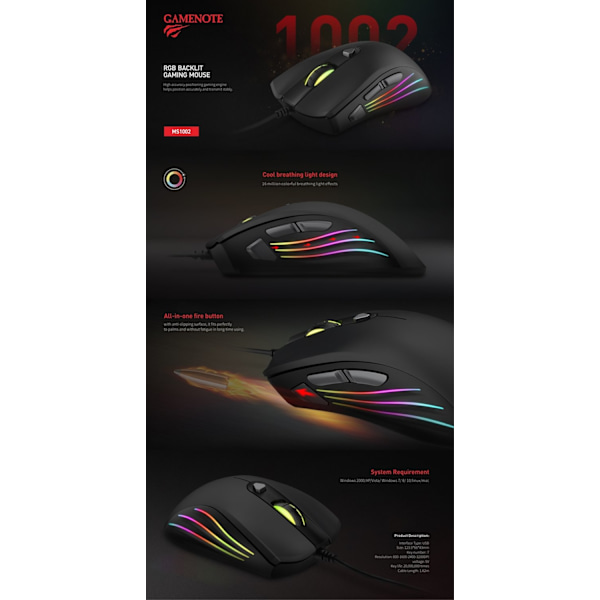 Havit HV-MS1002  RGB Gaming Mus 3200 DPI Svart