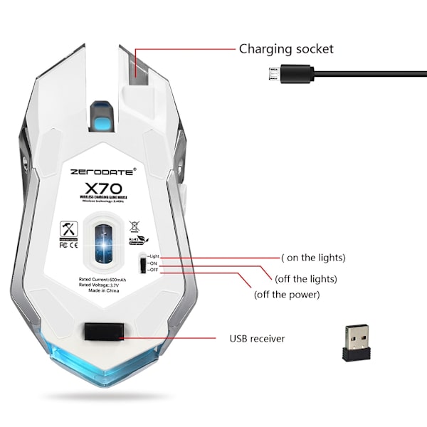 ZERODATE X70 2,4 GHz trådlös  2400 DPI optisk Gaming Mus LED  Svart
