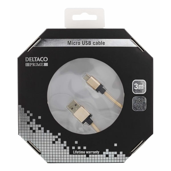 DELTACO PRIME USB-synk-/laddarkabel, tygklädd,  3m, guld Guld