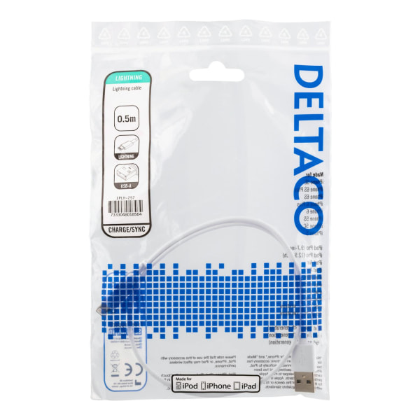 DELTACO USB-synk-/laddarkabel MFi USB Typ A-Lightning 50cm Vit