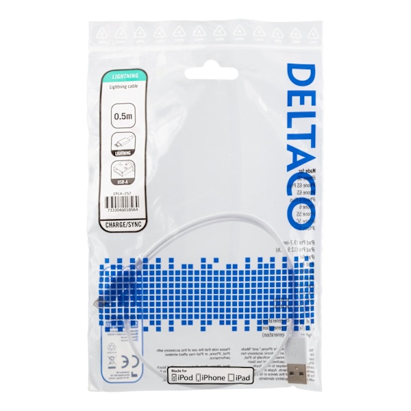 DELTACO USB-synk-/laddarkabel MFi USB Typ A-Lightning 50cm Vit