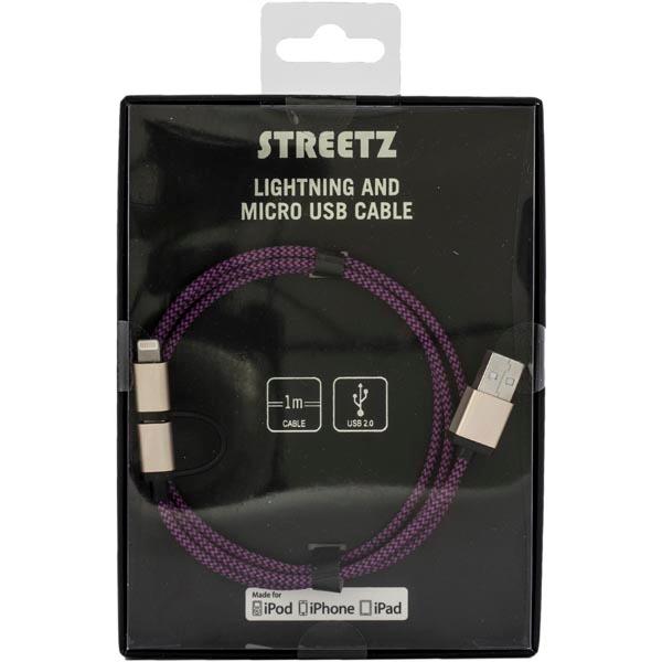 STREETZ USB-synk-/laddarkabel MFi USB Micro B- lightning Lila
