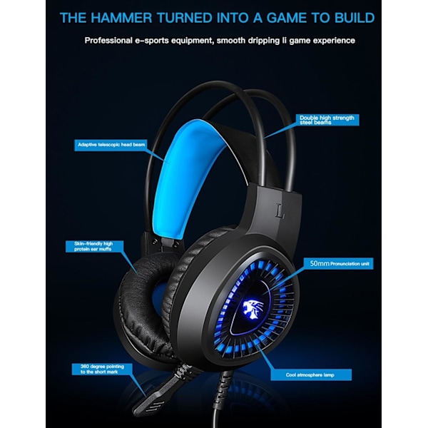 HAMTOD V1000 Dual-3.5mm Gaming Headset Blå