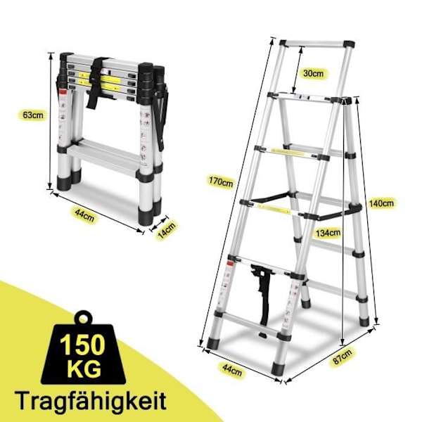 Fällbar teleskopstege med multifunktion i aluminiumlegering - XMTECH - 1,4m+1,7m - 150 kg - 11 steg Pengar