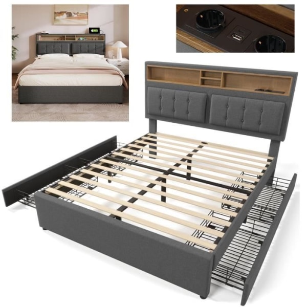 Klädd säng 160x200cm med 4 lådor och USB C-uttag - XMTECH - Grå - Modern - Massivt trä