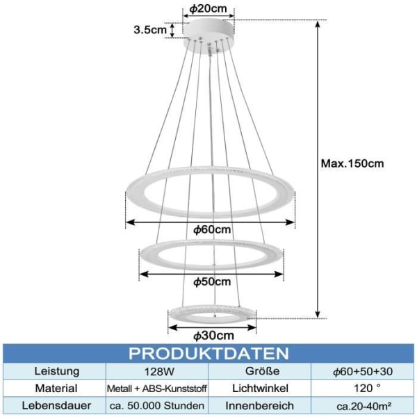 XMTECH 128W Modern LED-upphängningsljuskrona Cool White Pendel, 3-ringars armatur för matsal och vardagsrum, Ø30+50+60cm
